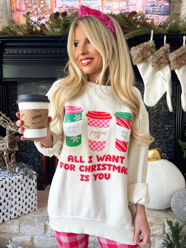 All I Want For Christmas Is You Ivory Corded Graphic Sweatshirt Macy Blackwell x Pink Lily | Pink Lily