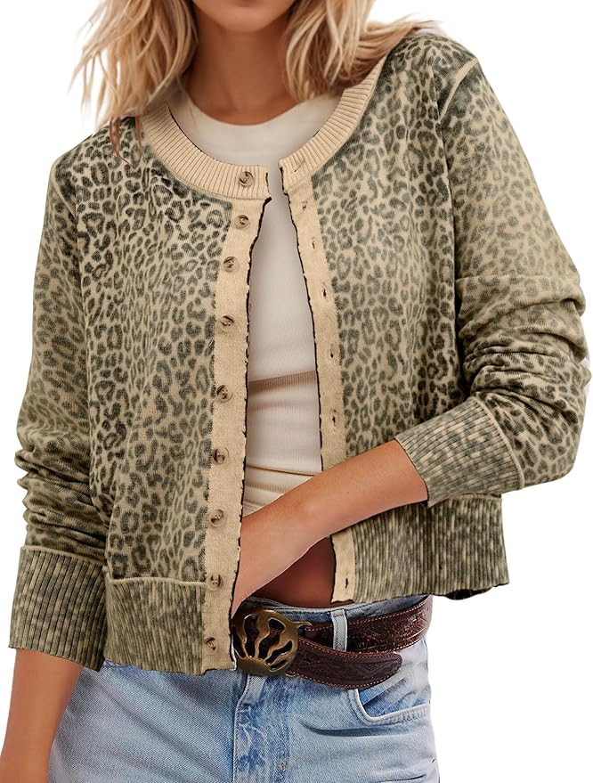 Leopard Cardigan Open Front Button Up Sweaters for Women Long Sleeve Shrug Cheetah Print Top Crop... | Amazon (US)