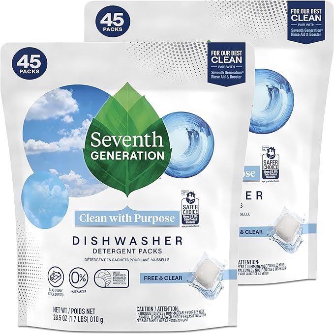 Amazon.com: Seventh Generation Dishwasher Detergent Packs, Free & Clear, 45 count, Pack of 2 : He... | Amazon (US)