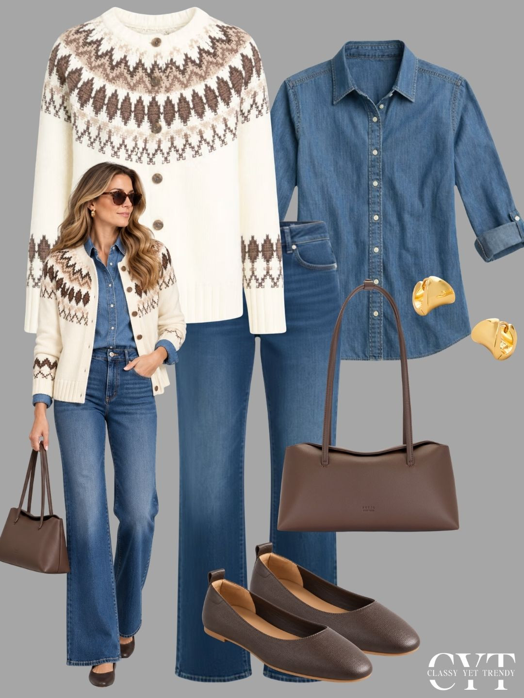 4 Fall looks with a chambray shirt 🍂 Happy Monday! #jacketstyle #autumnfashion #dailystyle #sweaterweather #denimstyle fair isle, barn jacket, western boots, ballet flats, wide leg jeans, patch pocket, leopard, suede, sweater, chocolate brown 

 