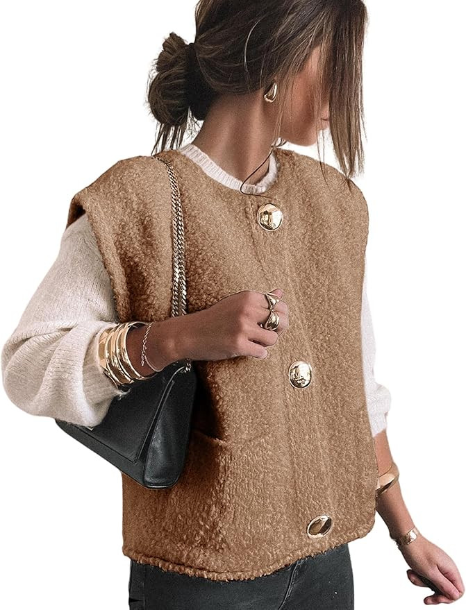 Womens Fleece Sweater Vest Casual Sleeveless Button Down Knit Gilet Outerwear Cardigan with Pocke... | Amazon (US)