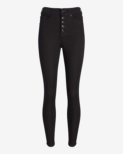High Waisted Knit Supersoft Black Button Fly Skinny Jeans | Express