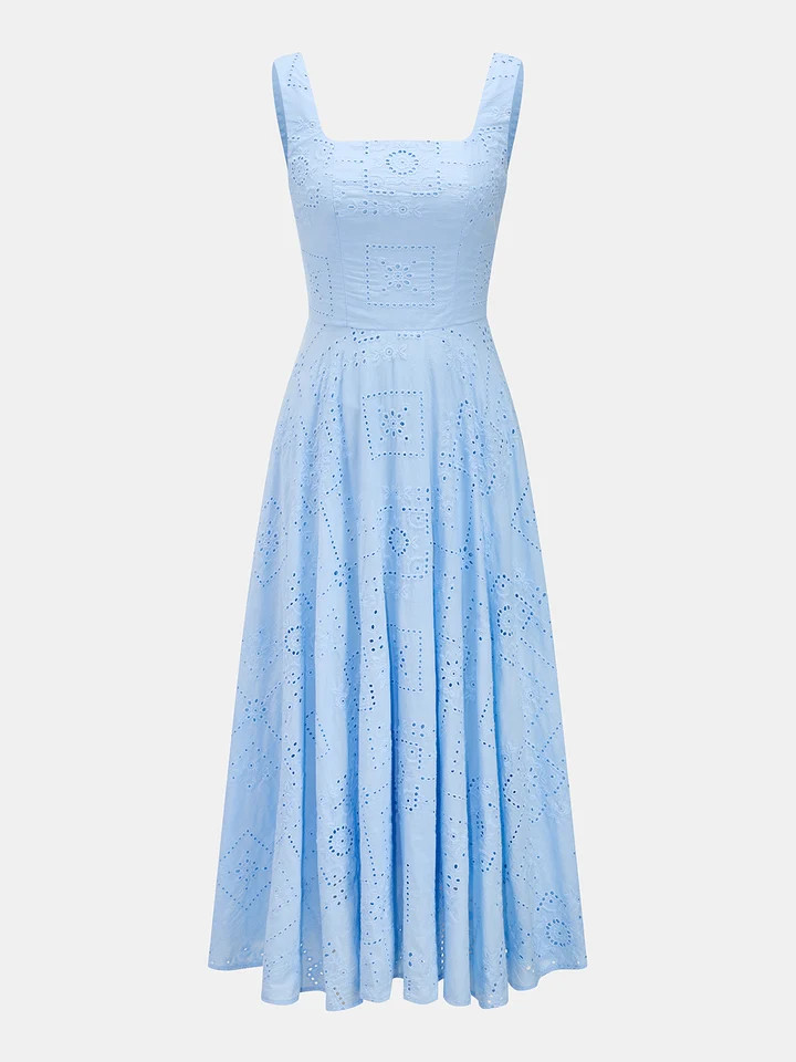 Square Neck Cotton Eyelet Embroidery Maxi Dress | Commense