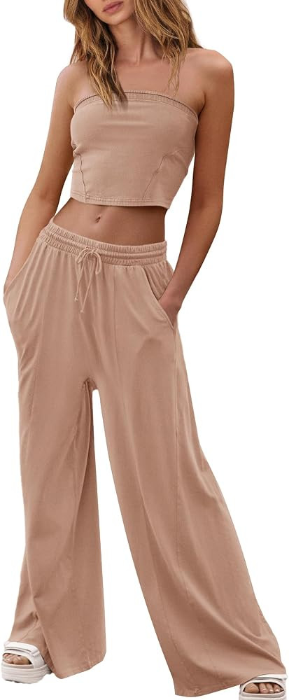 Yanekop Womens 2 Piece Lounge Set Tube Top and Pants Set Travel Sexy Two Piece Outfits Summer Bea... | Amazon (US)