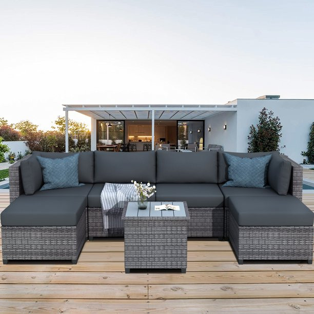 7 Piece Outdoor Bistro Wicker Sectional Conversation Sets, All-Weather Patio Rattan Furniture Set... | Walmart (US)