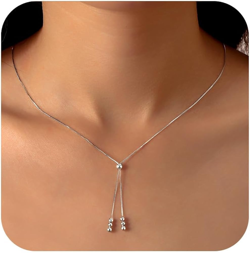 Lariat Gold Necklace for Women S925 Sterling Silver Dainty Layered Bead Necklaces 14k Gold Plated... | Amazon (US)