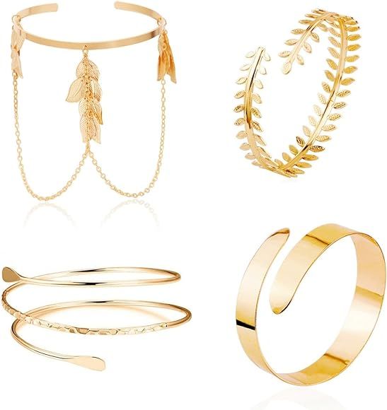 JZK 4 Pieces gold adjustable upper arm cuff for women, golden metal upper arm bracelets, arm chai... | Amazon (UK)