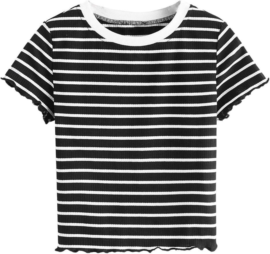 SweatyRocks Women's Striped Ringer Crop Top Summer Short Sleeve T-Shirts | Amazon (US)