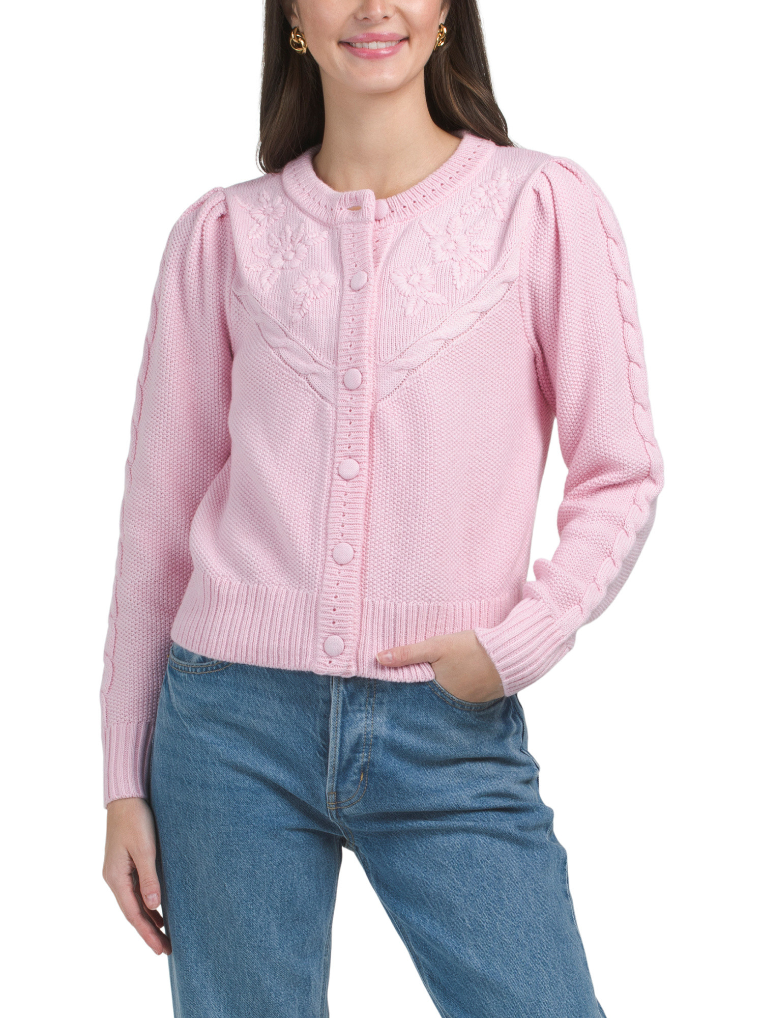 Seed Stitch Cardigan With Floral Embroidery | TJ Maxx