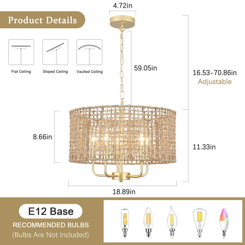 Ekkehard 5 - Light Dimmable Drum Chandelier Natural Rattan Bohemian Pendant | Wayfair North America