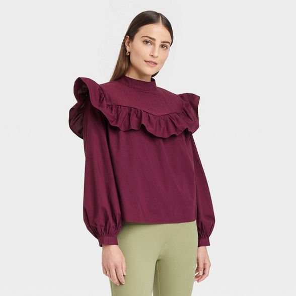 Women's Long Sleeve Ruffle Yoke Top - A New Day™ | Target