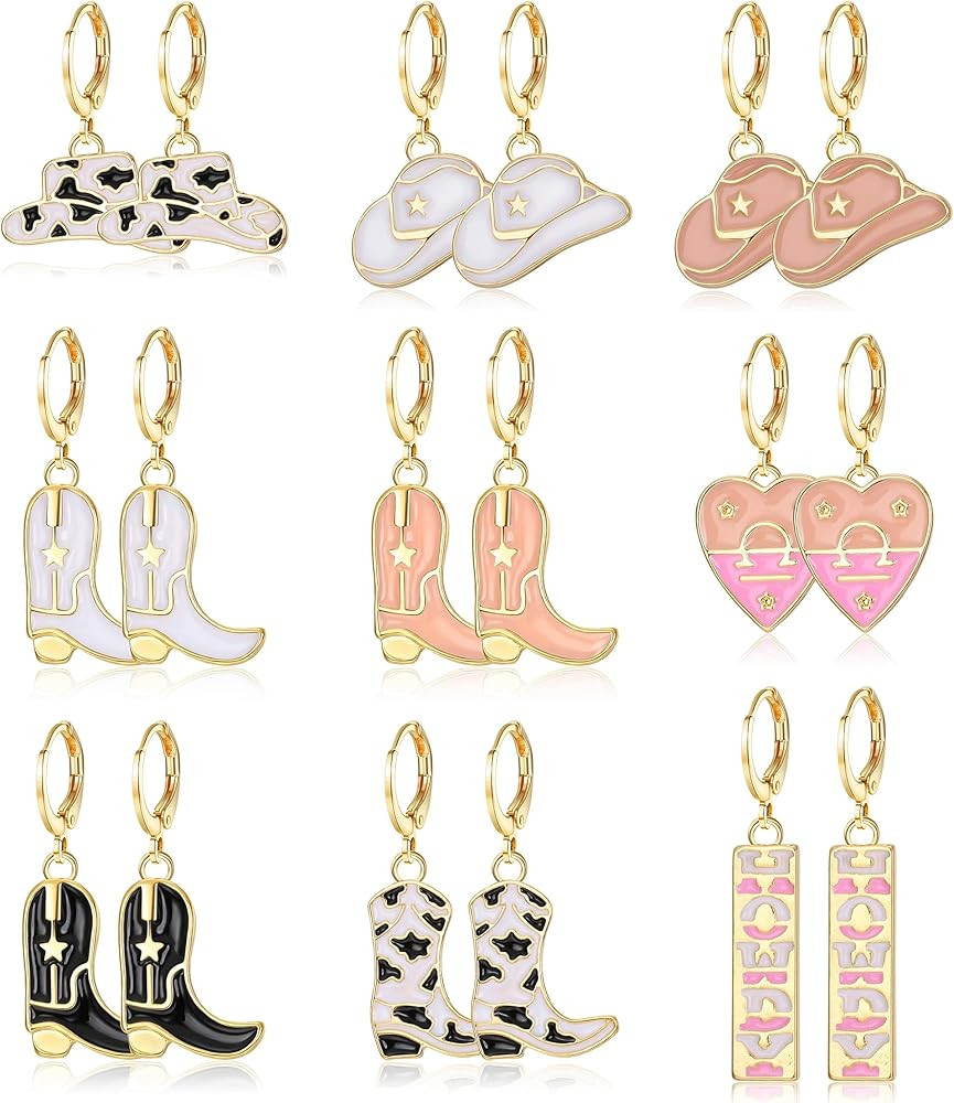 ZELORES 9 Pairs Cowboy Cowgirl Boot Earrings Cute Western Drop Dangle Earrings Enamel Pink Black ... | Amazon (US)