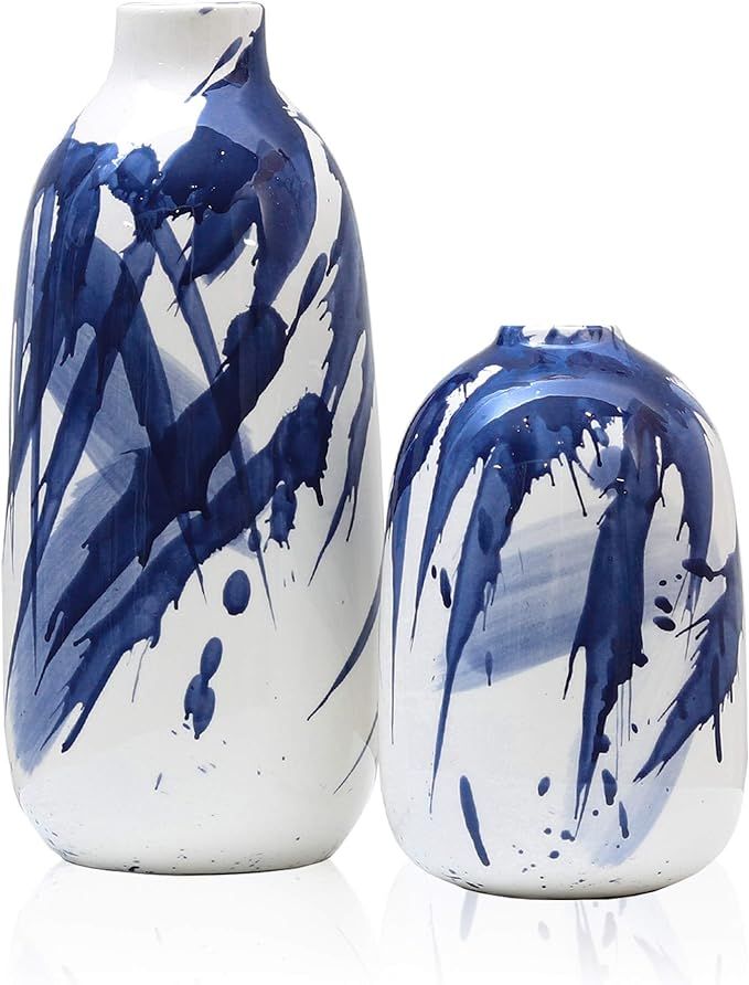 TERESA'S COLLECTIONS Modern Ceramic Vase Set for Home Decor, Navy Blue and White Vases for Flower... | Amazon (US)