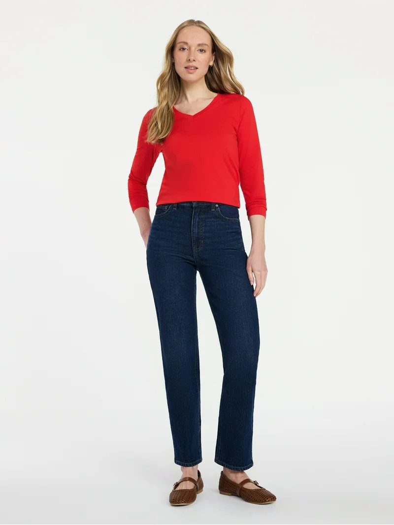 Time and Tru Women's Slim V-Neck Tee with Long Sleeves, Sizes XS-XXXL | Walmart (US)