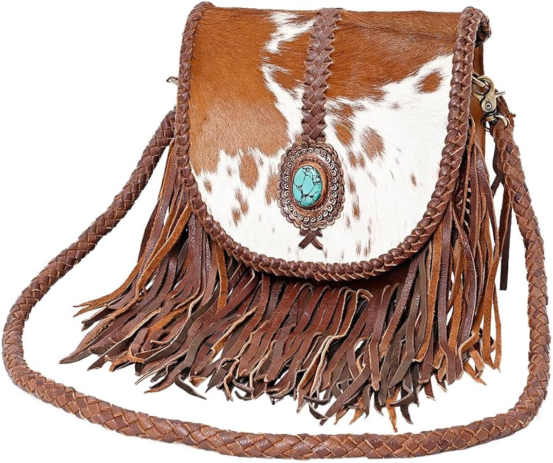 Messenger Bag Western Genuine Leather Handcrafted Purse with Fringes, Braided Strap and Turquoise... | Amazon (US)