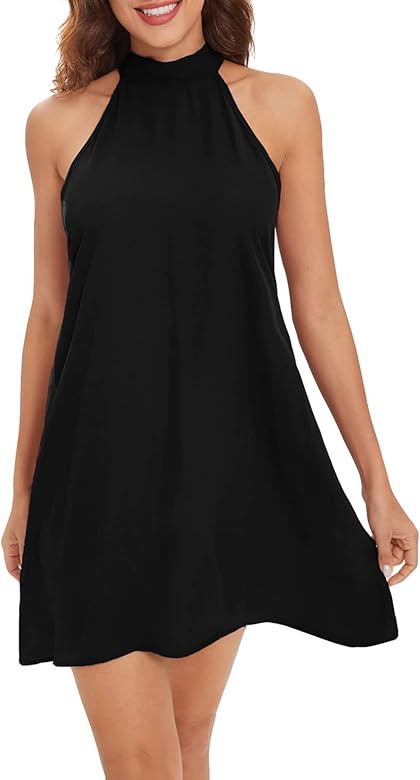 Romwe Women's Print Sleeveless Halter Neck A line Swing Casual Sundress Beachwear | Amazon (US)