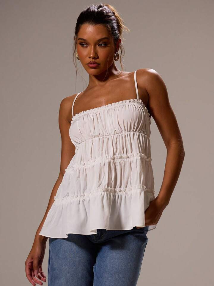 MUSERA Thin Strap Ruched Gathered Tiered Longline Top Spring Summer Vacation Cute Elegant Sundress Beach | SHEIN