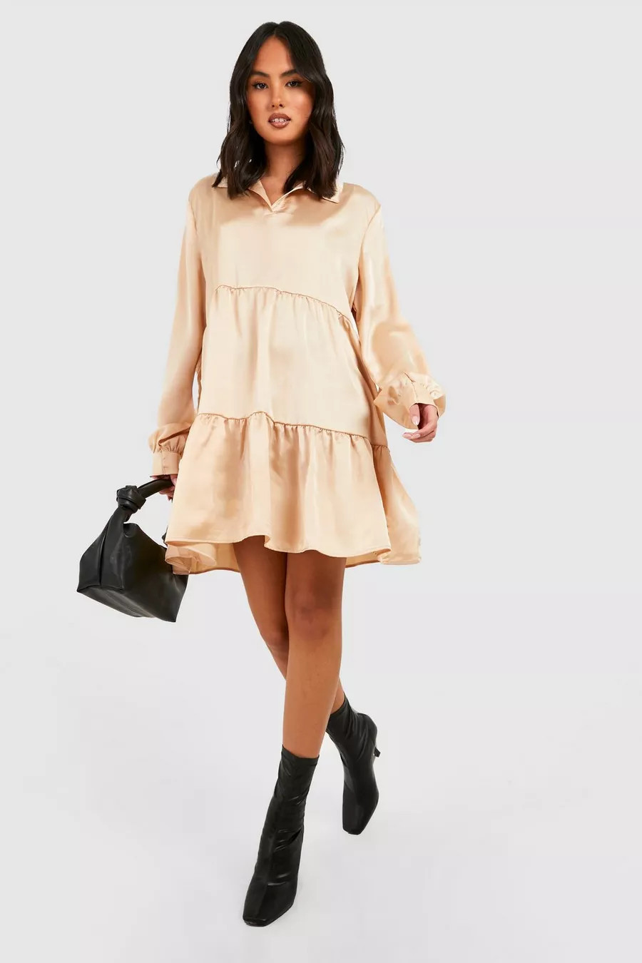 Satin Tiered Smock Shirt Dress | Boohoo.com (US & CA)
