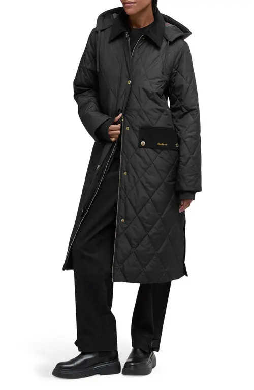 Barbour Meredith Quilted Hooded Long Coat in Black/Classic Tartan at Nordstrom, Size 4 Us | Nordstrom