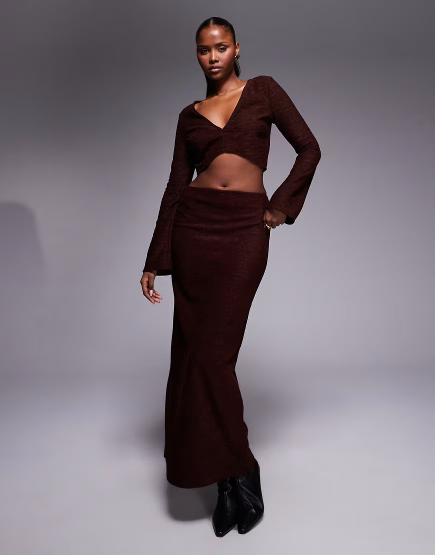 ASOS DESIGN brushed rib knit column maxi skirt in brown - part of a set | ASOS (Global)