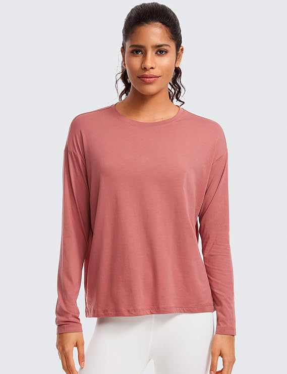 CRZ YOGA Pima Cotton Long Sleeve Workout Shirts for Women Loose Fit Crew Neck Yoga Athletic Tops ... | Amazon (US)