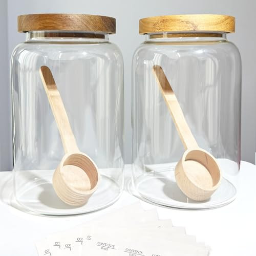 yutrenn Glass Food Storage Jars with Wooden Lids, Flour Glass Jar with 2 Wood Measuring Spoon, Clear Thick Glass Jar Kitchen Containers for Rice, Oats, Grains, 120 Pcs Food Labels (93 Oz, 2750ml) | Amazon (US)