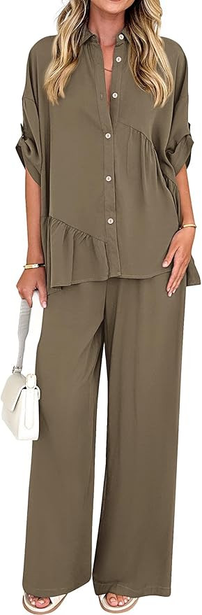 KIRUNDO Two Piece Sets for Women Summer Outfits 2025 Dressy Casual Half Sleeve Button Down Shirt ... | Amazon (US)