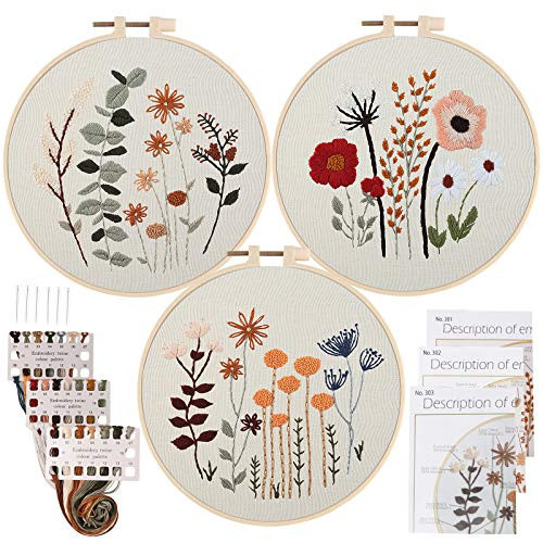 Uphome 3 Pack Embroidery Starter Kit for Beginners Stamped Cross Stitch Kits with Cute Flowers and Plants Patterns with 1 Embroidery Hoop and Color Threads for Adults Kids | Amazon (US)