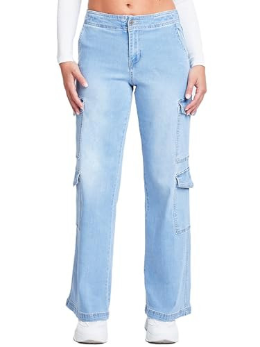 YMI Jeans Women’s Wide Leg Double Cargo Jean, Light Blue, 01 | Amazon (US)