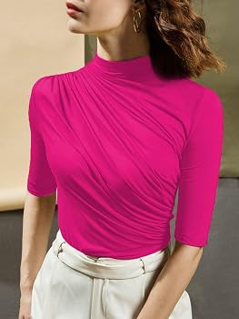 Avanova Women's Mock Neck Half Sleeve Slim Fit T-Shirts Ruched Dressy Tops Casual Summer Tee | Amazon (US)