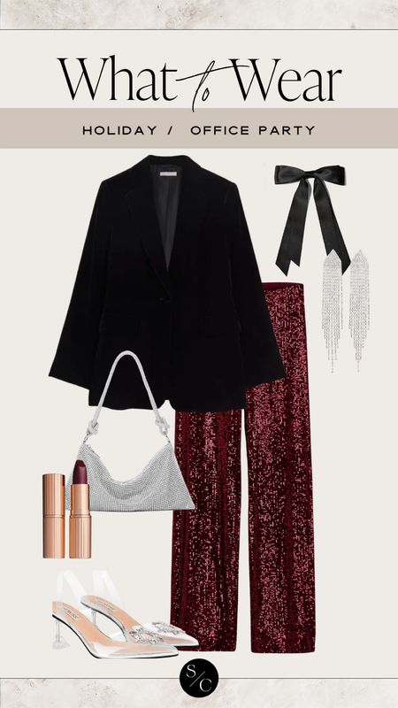 What to Wear Holiday ✨ Office Party

Sequin pants, sparkly bag, sparkly heels, wine lipstick, black hair bow, sparkly earrings, velvet blazer 

#LTKbeauty #LTKparties #LTKHoliday