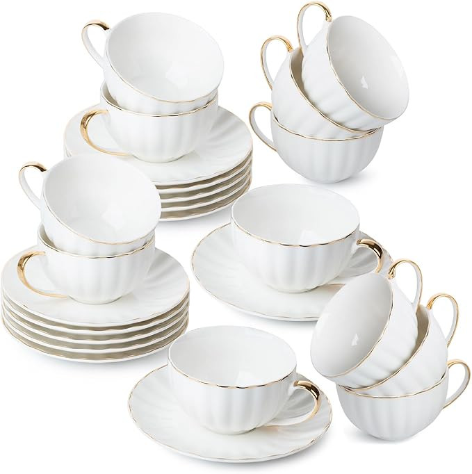 BTaT- White Tea Cups and Saucers Set of 12 (7 oz), Porcelain White Tea Cup Set of 12 with Golden ... | Amazon (US)