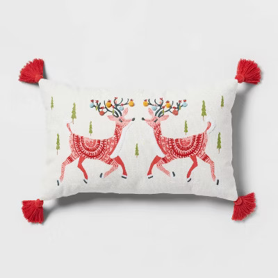 Holiday Deer Embroidered Lumbar Throw Pillow with Pom Poms Ivory - Threshold™ | Target