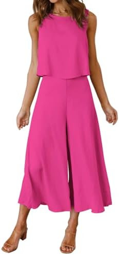 ROYLAMP Women's Summer 2 Piece Outfits Round Neck Crop Basic Top Cropped Wide Leg Pants Set Jumps... | Amazon (US)