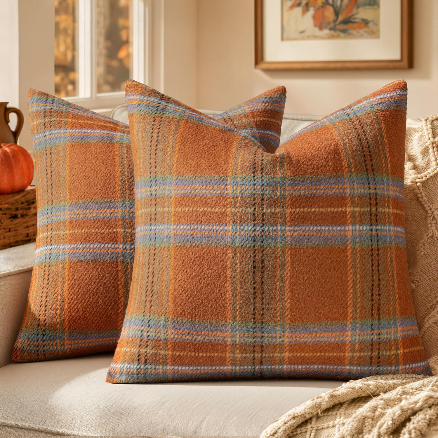 MIULEE Fall Plaid Decorative Pillow Covers Set of 2 18x18 Orange | Amazon (US)