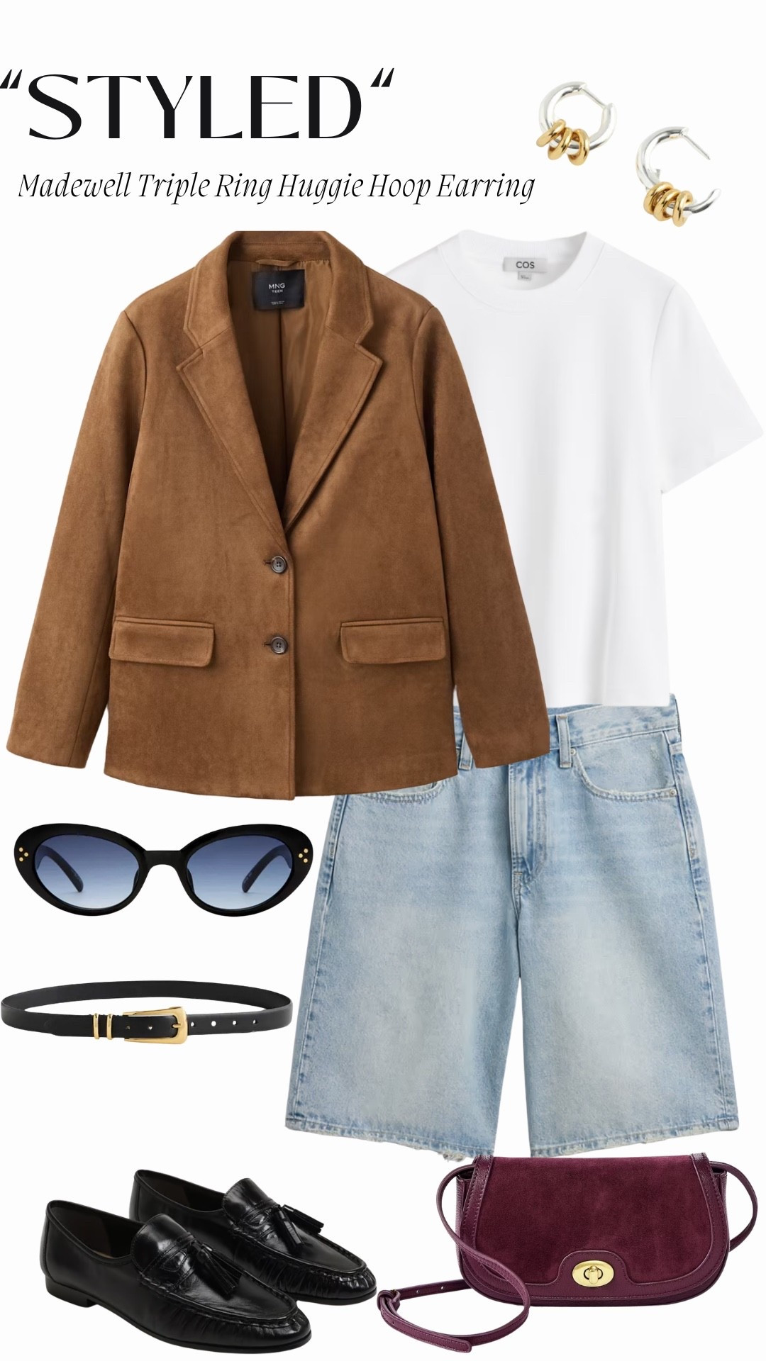 “Styled”
Madewell Triple Ring Huggie Hoop Earring

Brown Suede Blazer: MANGO
White Tee: COS (Longline Tee)
Light Longline Denim Shorts: GAP
Red Fuax Suede Wallet Crossbody: Target
Black Suede Tassel Loafer: Sam Edelman (Lana Tassel Loafer)
Black Suede Elongated Buckle Belt: Madewell
Cat Eye Sunglasses: Le Specs

#LTKootd #LTKmomlife #LTKSeasonal