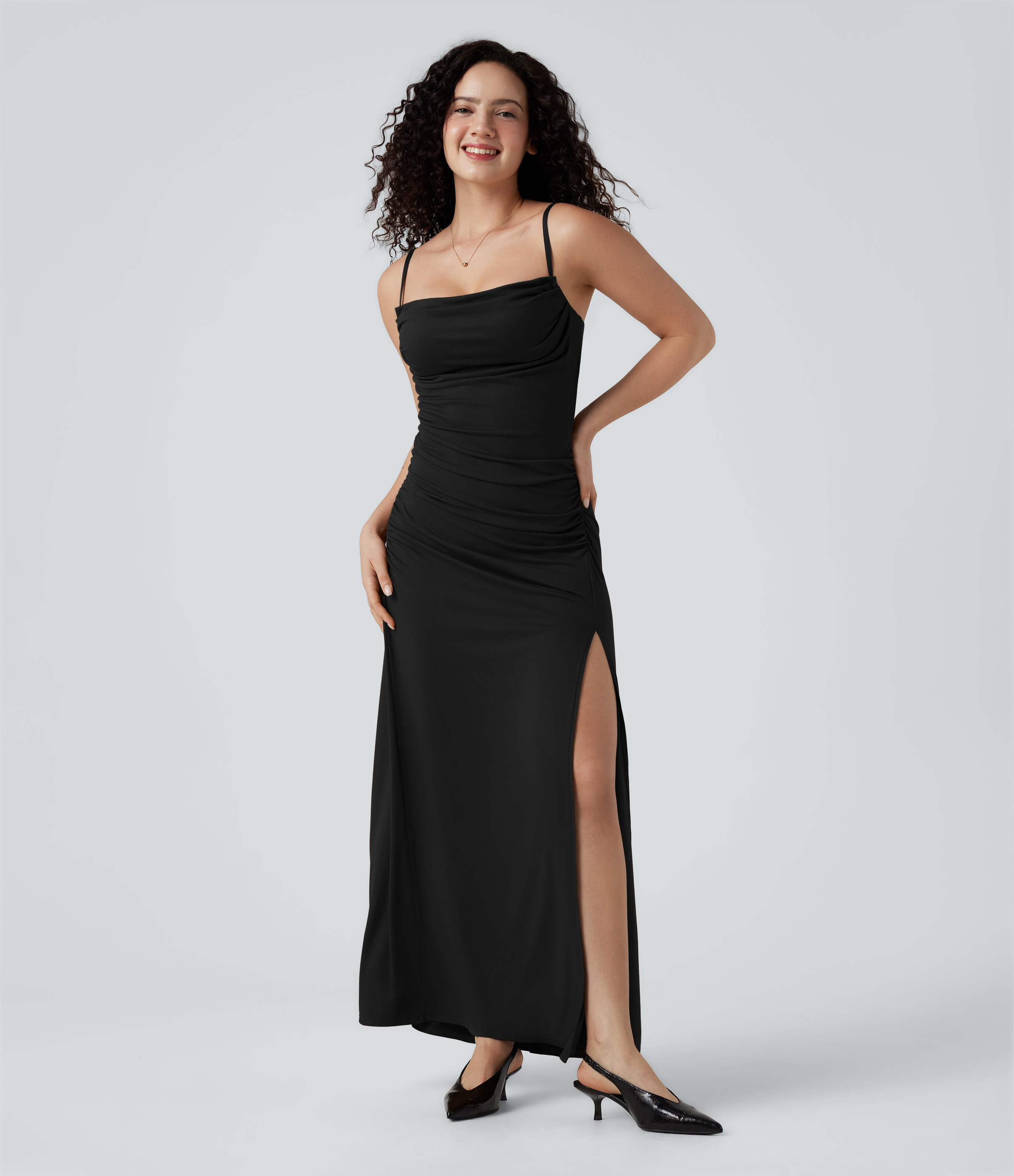 Halara Cowl Neck Ruched Split Hem Maxi Casual Slip Dress Casual Dress - Black - L slip dress beach dress ruched dress halter dress | HALARA