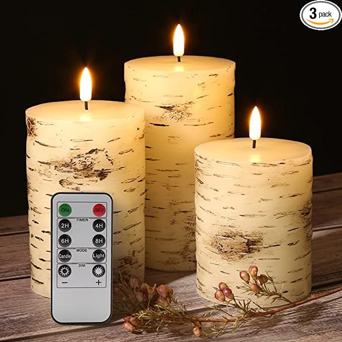 Eywamage Birch Bark Flameless Pillar Candles with Remote, Flickering Rustic Battery LED Wood Cand... | Amazon (US)