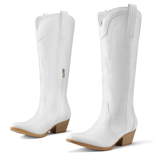 Rollda Cowboy Boots for Women Cowgirl Boots Embroidered Knee-High Western Boots Pointy Toe with Chunky Heel White Size 9.5 | Amazon (US)