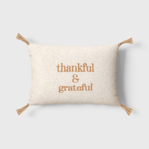 'Thankful & Grateful' Embroidered Lumbar Throw Pillow Cream/Brown - Threshold™ | Target