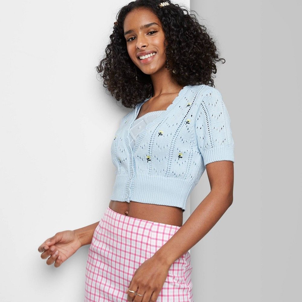 Women's Short Sleeve Floral Embroidered Cropped Cardigan - Wild Fable Light Blue M | Target