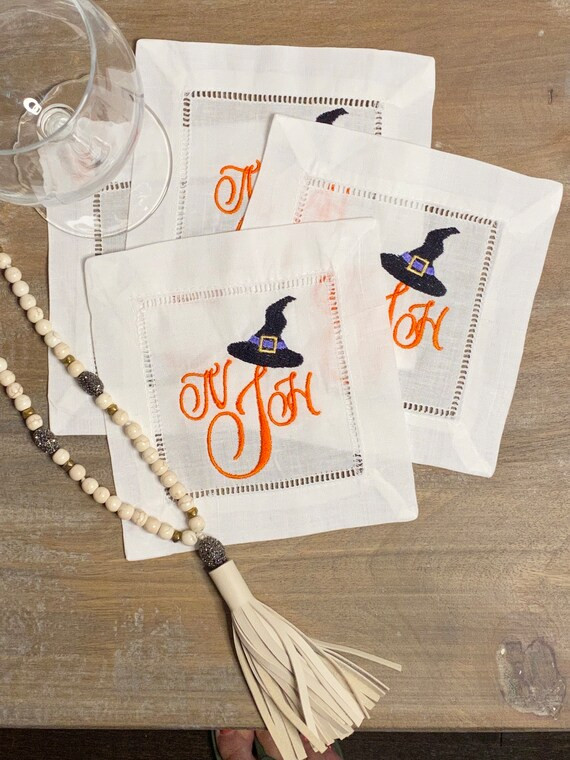 Halloween Cocktail Napkins | Embroidered Cocktail Napkins | Bar Cart Decor | Etsy (US)