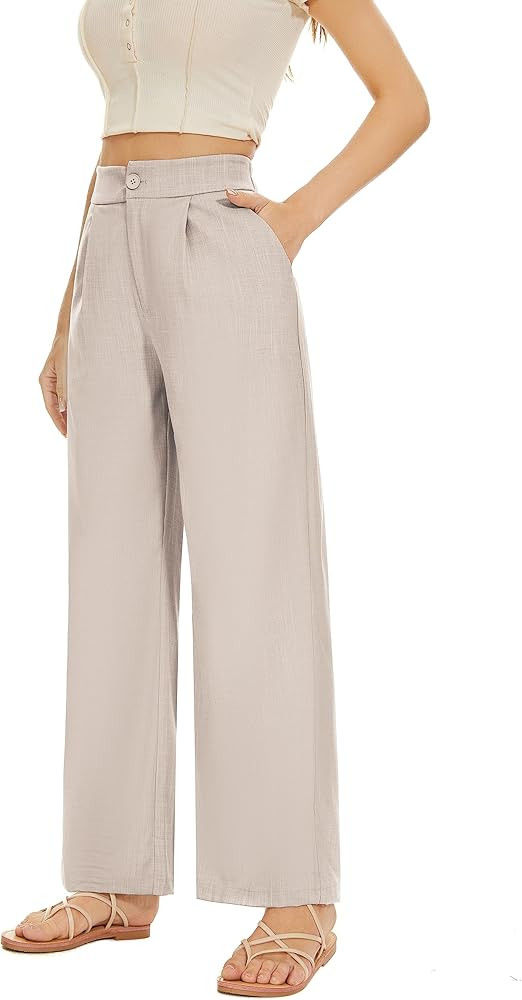 DECIVI FUNYYZO Women Wide Leg High Waist Linen Pants Back Elastic Waist Work Casual Trousers | Amazon (US)