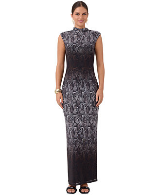 Women's Coco Mesh Midi Snake-Print Mock-Neck Cap-Sleeve Dress | Macy's