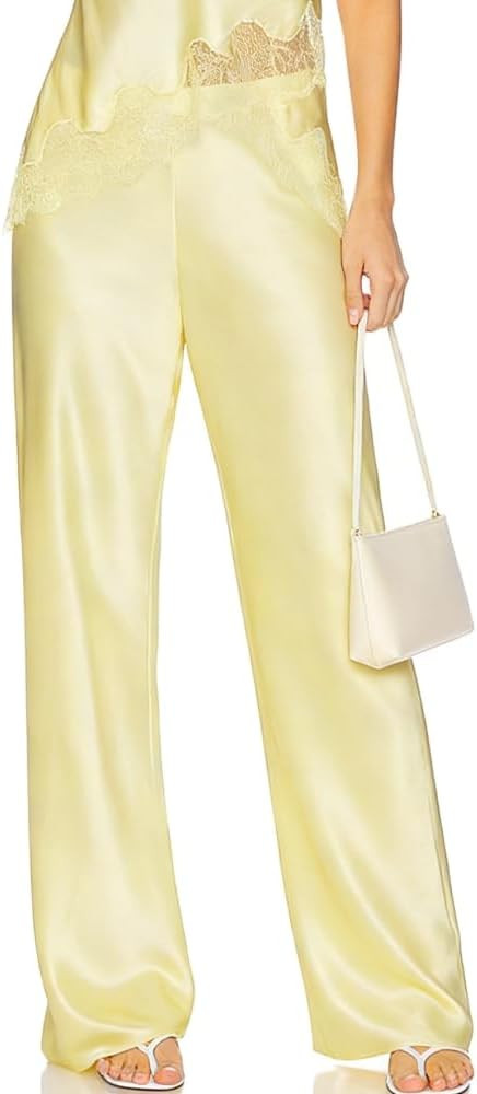 Women Satin Wide Leg Pants Elastic Waits Loose Lounge Flowy Long Pants Y2k Casual Silk Pj Bottoms... | Amazon (US)