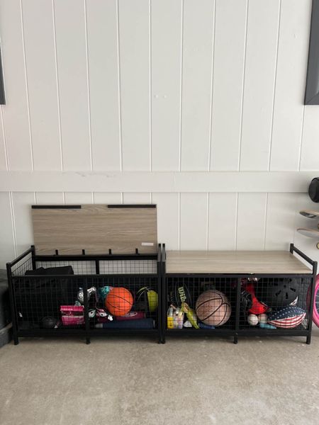 Spring cleaning? We love these storage benches for the kids sports equipment. 

Garage organization, storage, decluttering, spring cleaning, storage ideas 