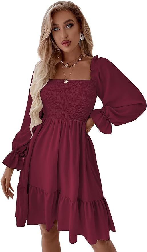 SheIn Women's Shirred Ruffle Long Sleeve Mini Dress Square Neck Flowy A Line Short Dresses | Amazon (CA)
