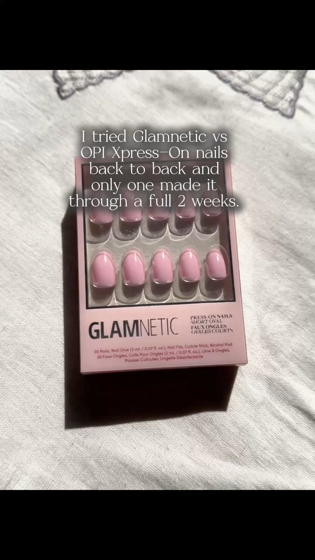 Review of Glamnetic and OPI Xpress on nails and which one I would buy again. 

Glamnetic’s overall shape (short, oval) was lovely and the short length really was short-other brands I’ve used say short length but their idea of short and mine are very different. 

I also loved the Glamnetic color I chose (Think Pink).

I have to give shape, length and color to Glamnetic. 

They are very close in price with Glamnetic being a dollar or two more than OPI. So I’ll call that a tie. 

Both say they can be reused and will last up to two weeks. 

There is a clear winner here and it’s OPI Xpress On. They stayed firmly in place for close to two weeks with only a few pop offs that were quickly fixed. I then reused them and had them last another week. 
Unfortunately, Glamnetic started to pop off after several days and when I tried to reuse them the nails had trouble staying on.

This was my experience and some people may have had a different one with Glamnetic but my recommendation would be to give OPI Xpress On a try!


F o l l o w @labellrecommends on Instagram and the LTK app @shop.LTK for more great beauty, fashion and home deals

#PressOnNails #OPIFunnyBunny #ReusableNails #LongLastingNails #FakeNailsThatLast
#opinails #opi 
#ltkfindsunder50 #LTKFindsUnder50