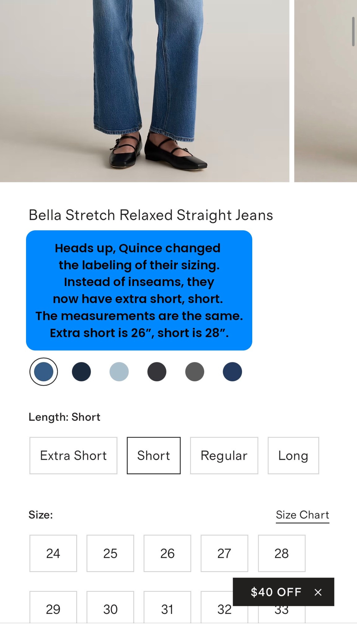 Heads up of a change to Quince jeans. Instead of the inseam measurements they now have extra short, short, etc. The sizing seems to be the same to me. 

Extra short: 26”
Short: 28” 

#LTKPetite