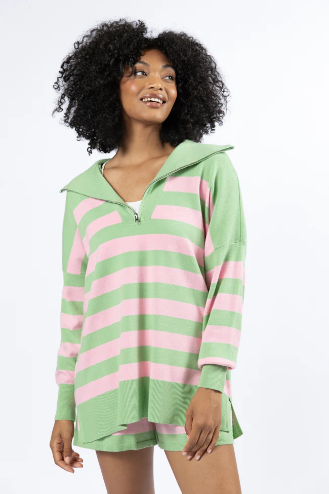 Pulling Heartstrings Green and Pink Striped Quarter Zip Pullover SALE | Pink Lily